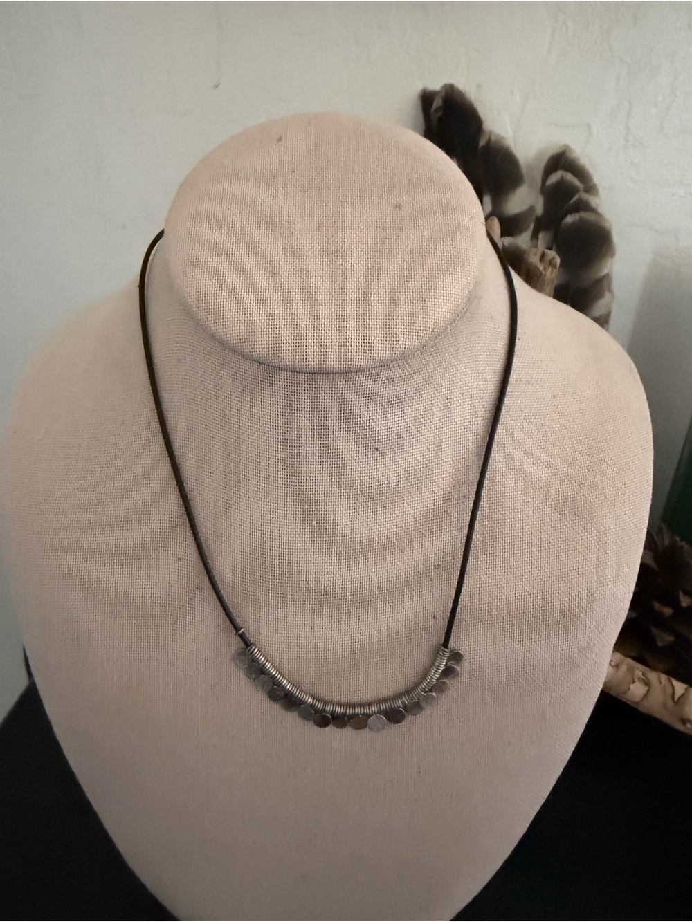 Vintage 90’s Y2K Silver Disc metal Disks Black Leather Cord Necklace